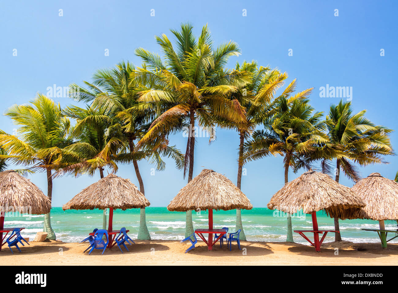 Palmen und karibische Meer in Covenas in Kolumbien mit Tischen zum Entspannen Stockfoto