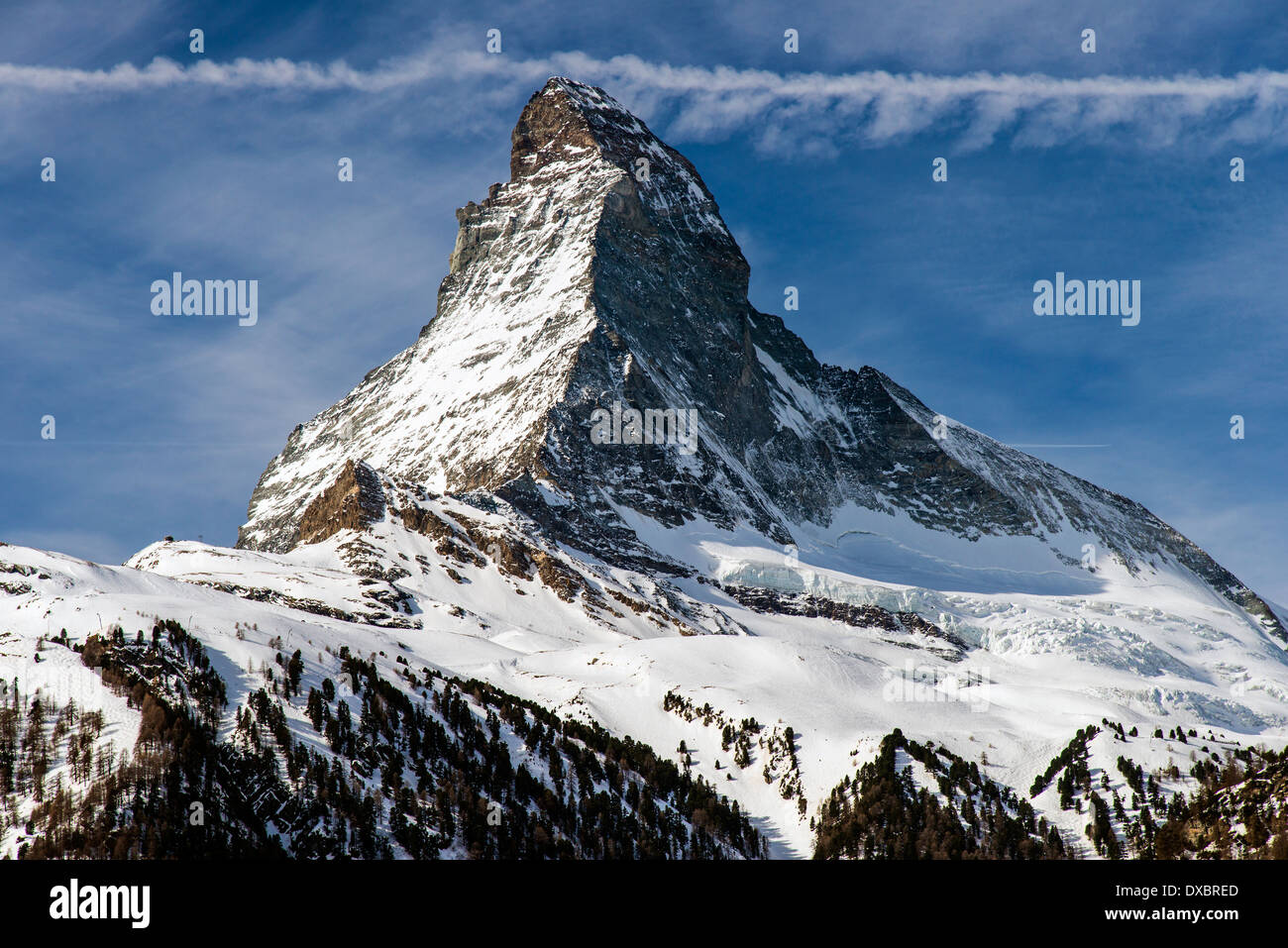 Winter-Blick auf Matterhorn, Zermatt, Wallis oder Wallis, Schweiz Stockfoto