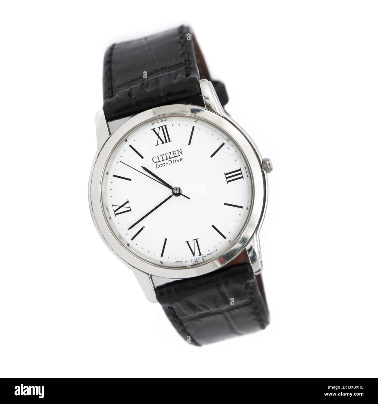 1990er Jahren Citizen Eco-Drive Herren Armbanduhr mit römischen Ziffern Zifferblatt und Armband aus schwarzem Leder Stockfoto