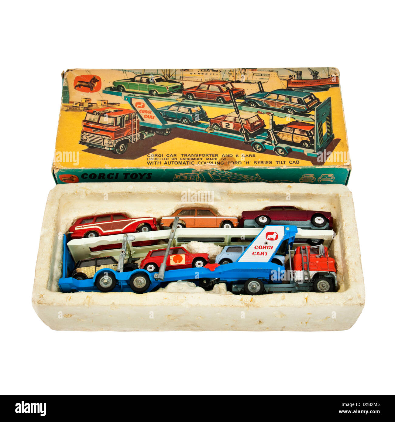 Seltene Vintage Corgy Toys Nr. 41-Geschenk-Set von 1967, mit Carrimore Mark IV Autotransporter Stockfoto