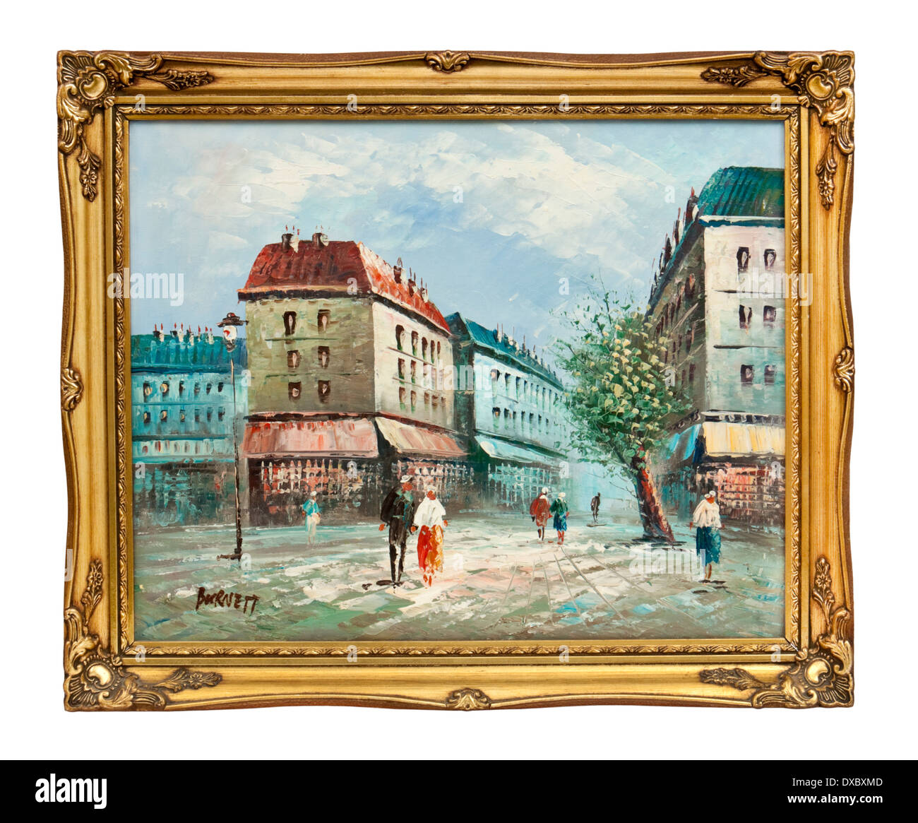 Original Öl auf Leinwand von einer Straßenszene in Paris gerahmt, signiert "Burnett". Stockfoto