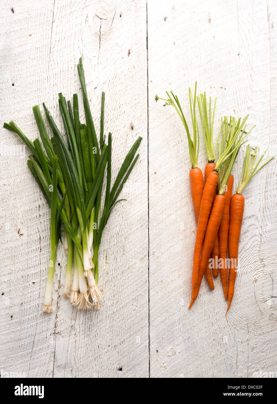 Bio-Karotten und Undichtigkeiten an weißem rustikalen Holz Stockfoto