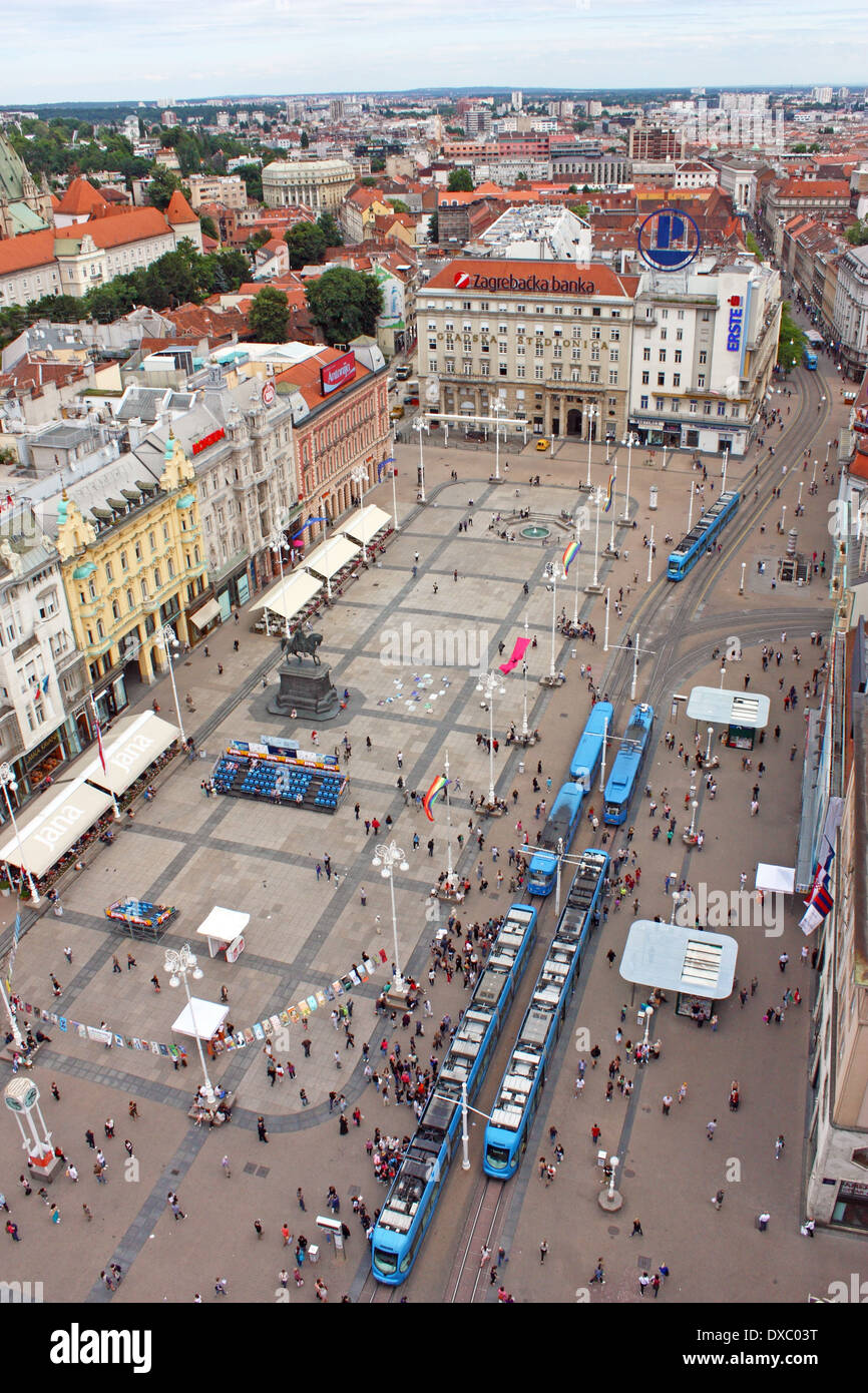 Ansicht der Ban Jelacic Platz, Stadt Hauptplatz in Zagreb. Stockfoto