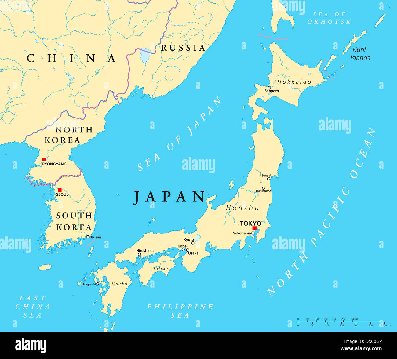 Politische Karte von Japan, Nordkorea und Südkorea mit den Hauptstädten Tokio, Pjöngjang und Seoul Stockfoto
