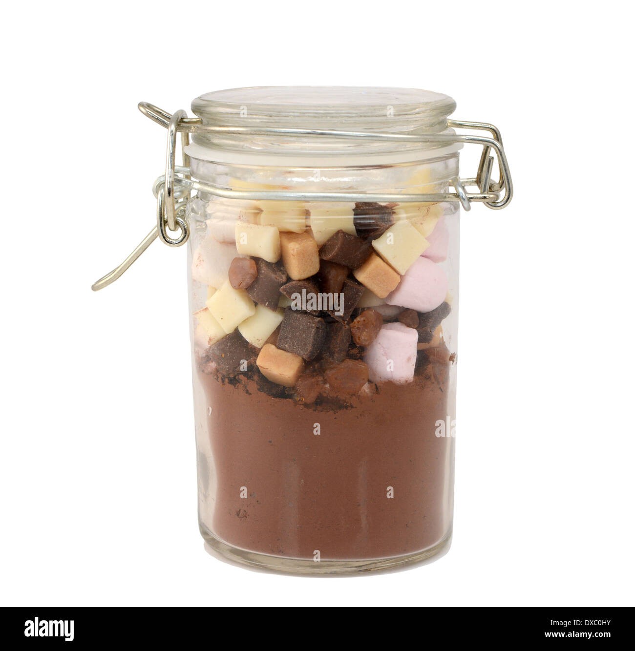 Zutaten für heiße Schokolade - Kakao, Marshmallows, fudge Stücke - in einem Glas isoliert auf weißem Hintergrund Stockfoto