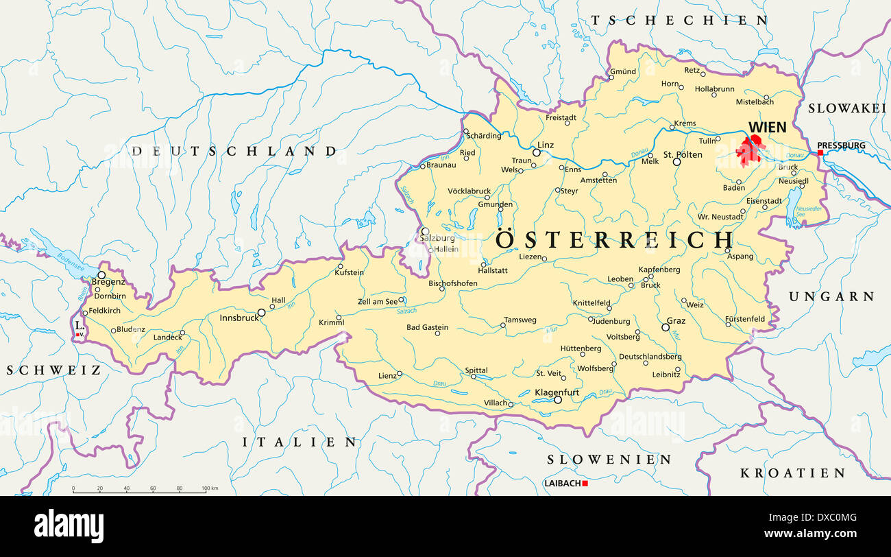 Politische Karte von Österreich mit der Hauptstadt Wien, Landesgrenzen, die wichtigsten Städte, Flüsse und Seen. Stockfoto