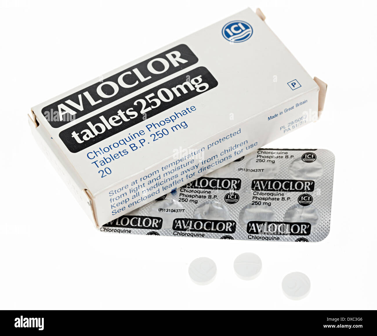 Avloclor Tabellen mit Wirkstoff Chloroquin Phosphat für Malaria Behandlung Stockfoto