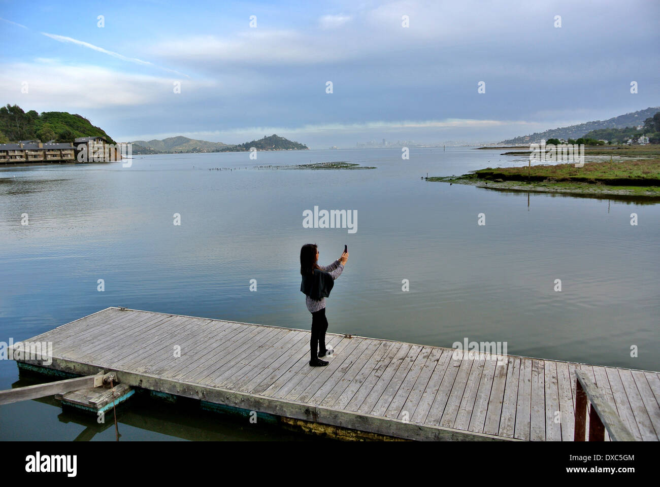 Frau nimmt Fotos mit i-Telefon am Dock an der San Francisco Bay Stockfoto