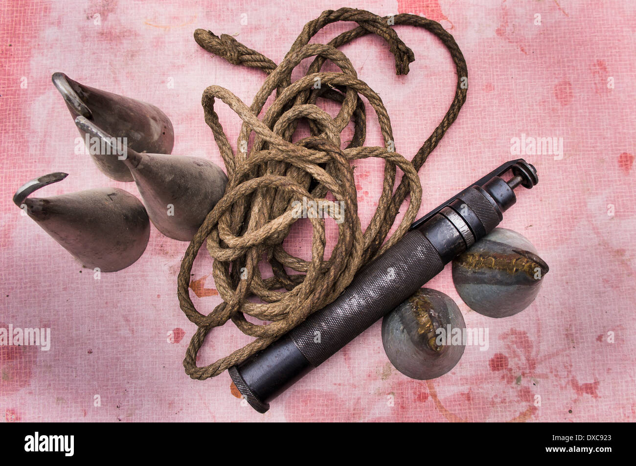 Captive Bolt Pistol (CBP), Glocke Schaber zum Entfernen von Haaren, Seil Stockfoto