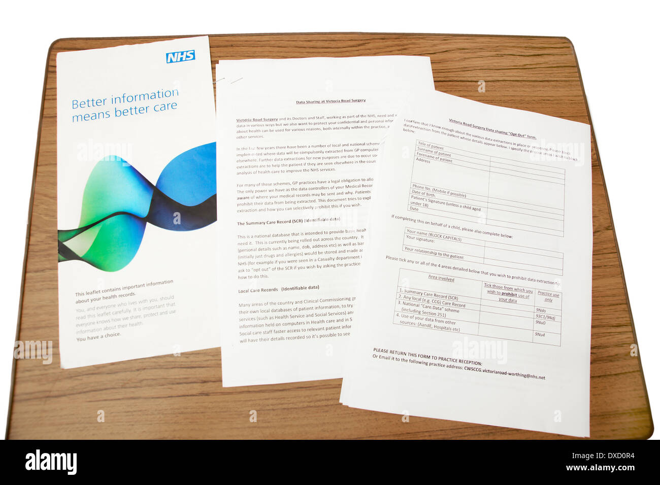 NHS Merkblatt "Besser bedeutet Informationen, bessere Versorgung" Bezug auf Patientenakten & Informationen Datenaustausch & opt-out form Stockfoto