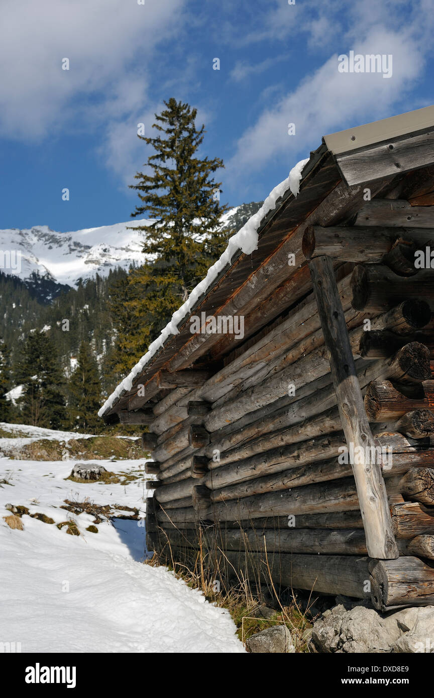 Schneeschmelze und Wasser fallen von der Decke einer Berghütte im verschneiten Alpenregion, Bayern, Deutschland Stockfoto