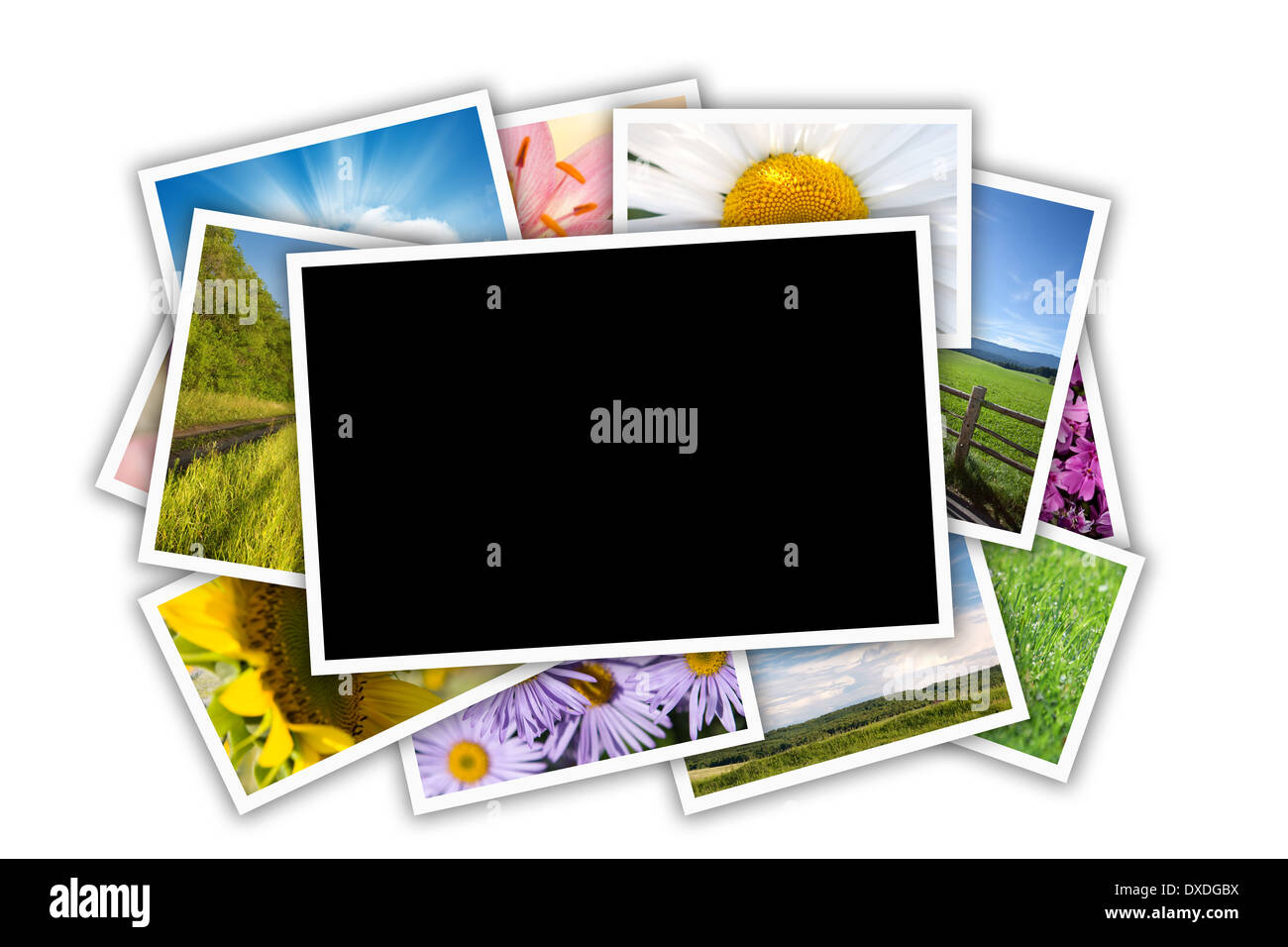 Stapel von gedruckten Bildern Collage mit textfreiraum für Ihr Foto Stockfoto