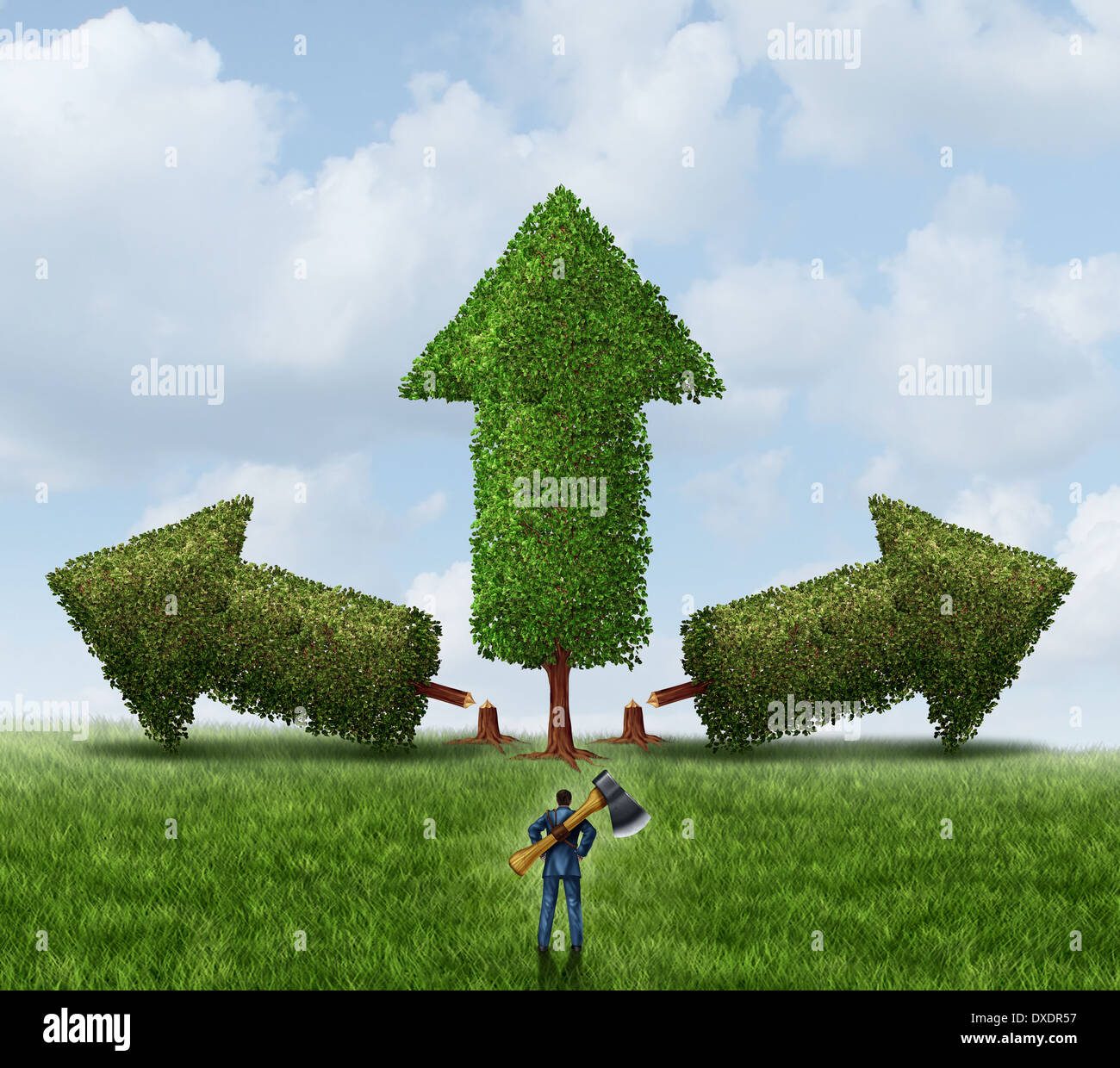Beseitigung der Geschäftsidee Wettbewerb für Wachstum als Geschäftsmann mit einer Axt Abholzen und wischte sich konkurrierende Bäume geformt als Pfeile, seine Auserwählten gewinnen Investitionen zu stärken. Stockfoto