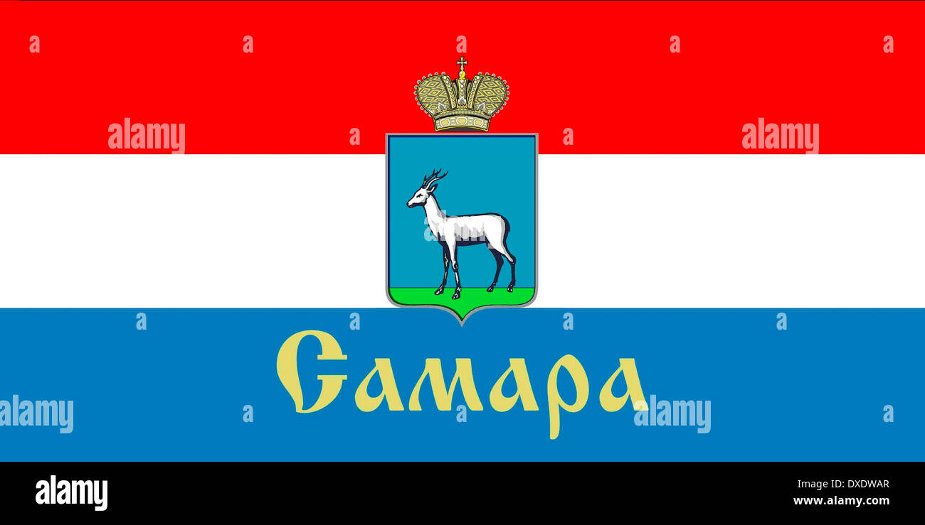 Fahne mit dem Wappen der russischen Stadt Samara. Stockfoto