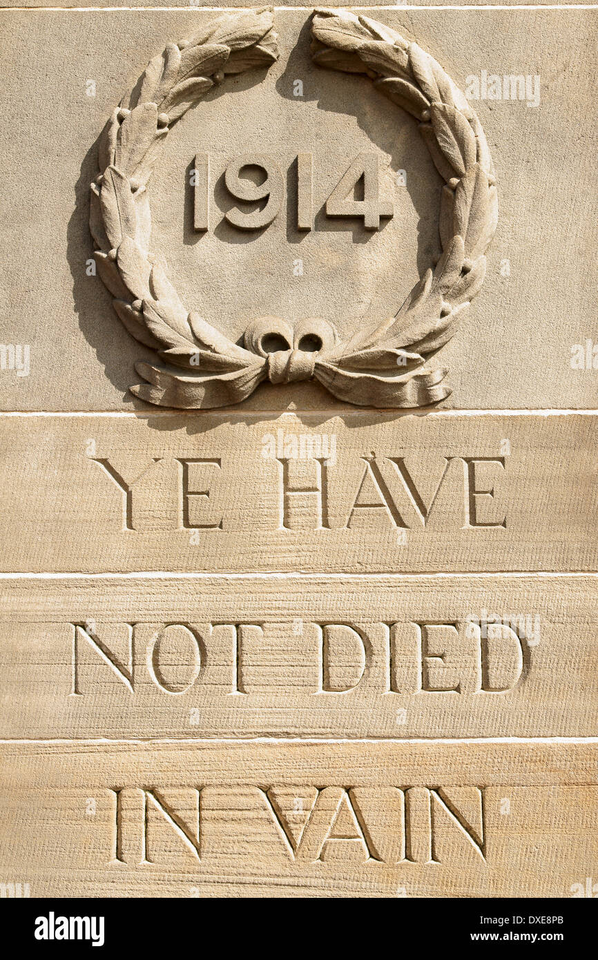 1914 bis 1918 britische Krieg Denkmal Details in eine steinerne Gedenktafel 1914 eingeschrieben Ye nicht vergeblich gestorben Stockfoto
