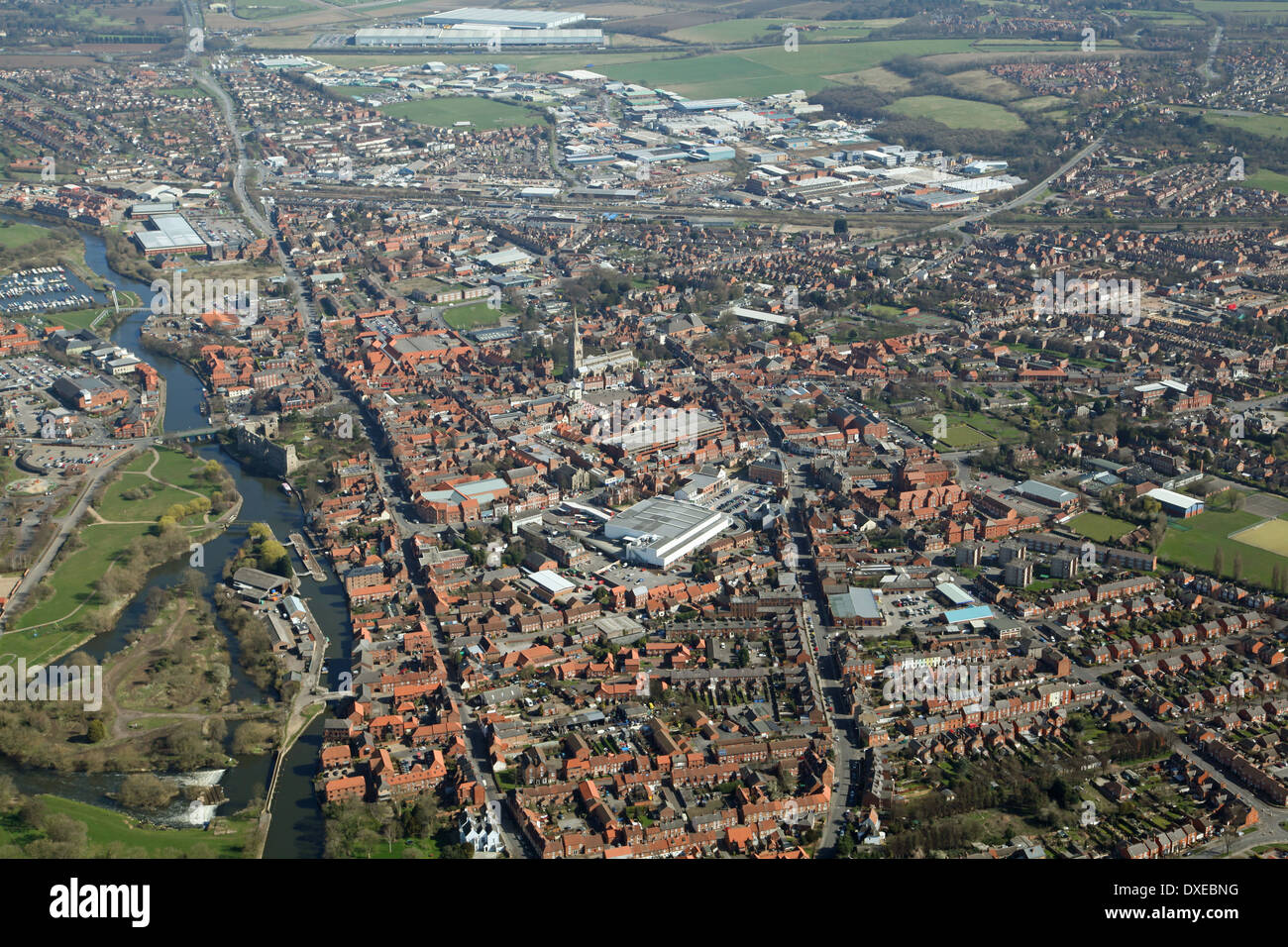 Luftaufnahme der Stadt Newark, England. Vollständiger Name: Newark-auf-Trent, Großbritannien Stockfoto