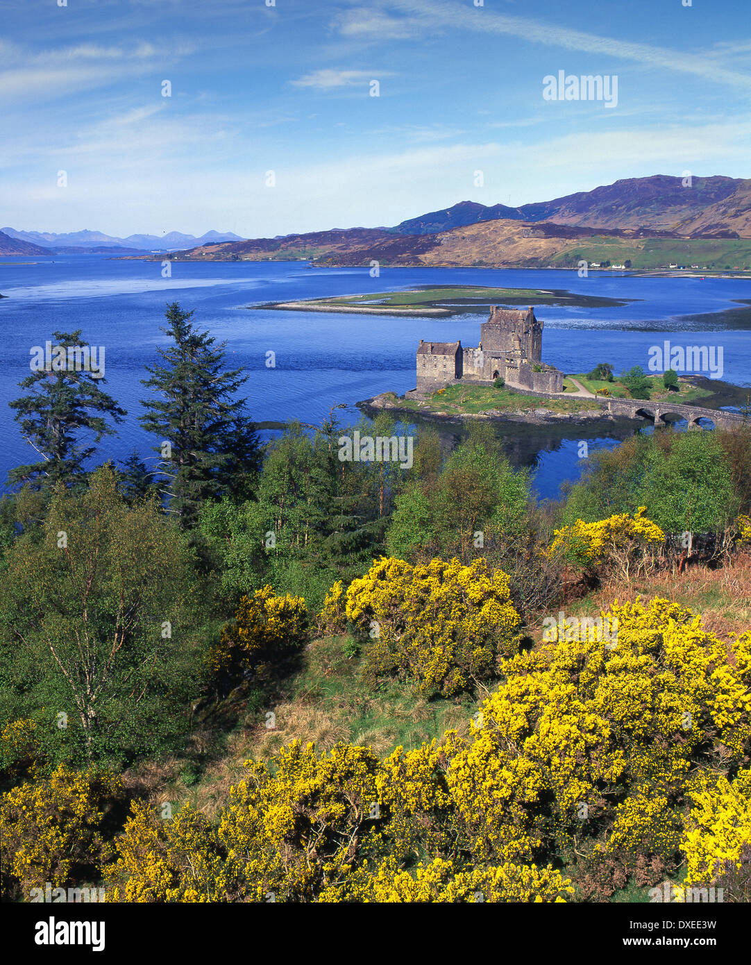 Frühlings-Blick auf die berühmte Burg Eilean Donan am Loch Duich, Dornie, Loch Duich. Stockfoto