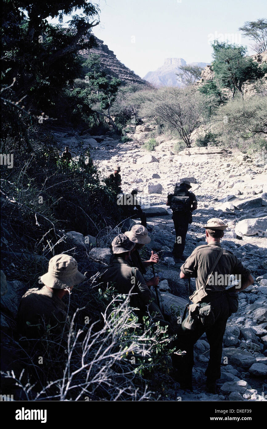 Britische Soldaten, Fallschirmjäger aus 1 Para Einreichung durch ein Wadi in der Wüste, in Notfällen Aden 1967. Stockfoto