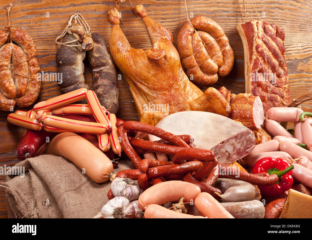 Vielzahl von Wurstwaren. Nahaufnahme. Stockfoto