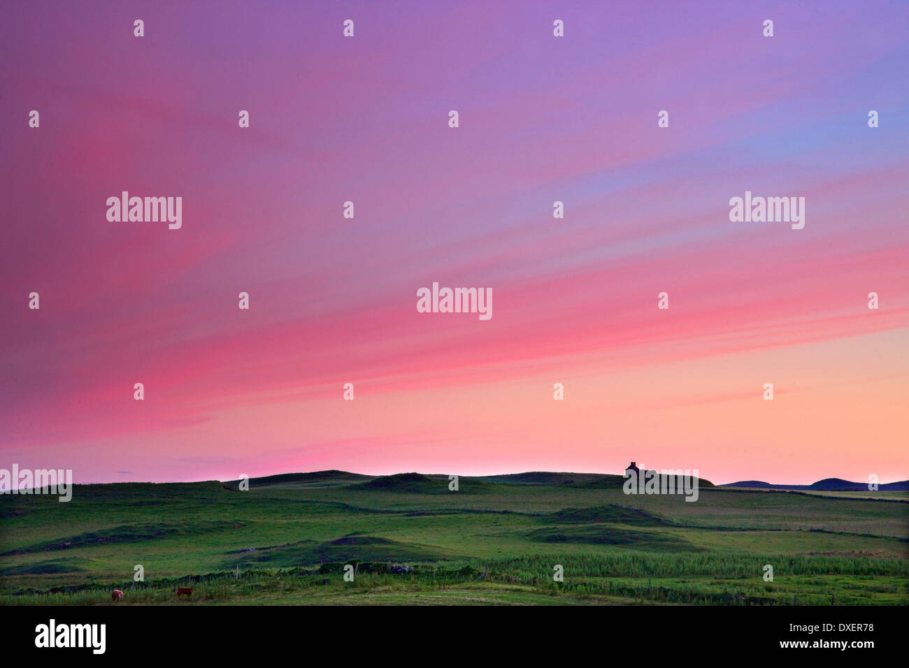 Sonnenuntergang Nachleuchten über isolierte Häuschen auf der Insel Islay Stockfoto