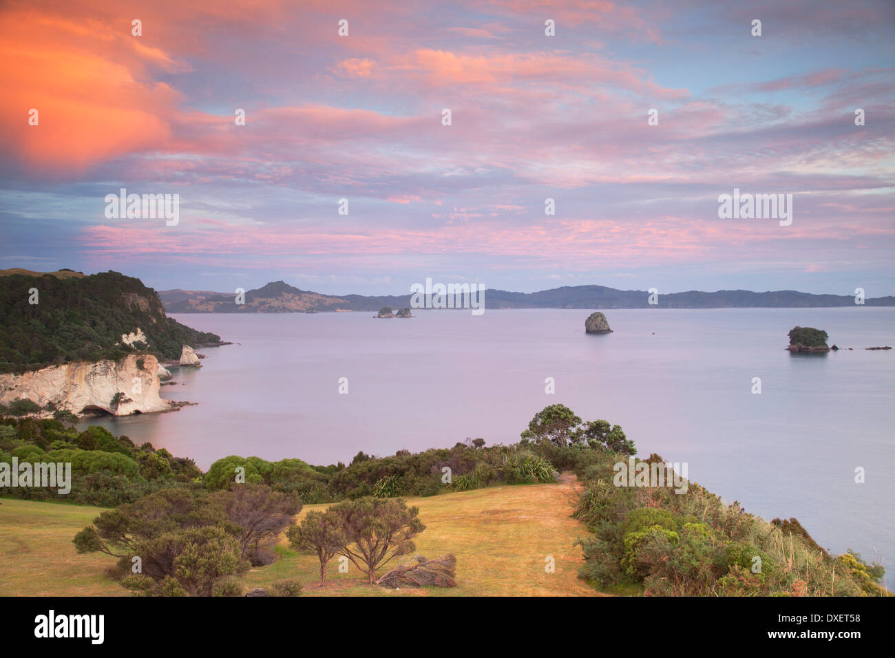 Cathedral Cove Marine Reserve (Te Whanganui-A-Hei) bei Sonnenaufgang, Coromandel Peninsula, Nordinsel, Neuseeland Stockfoto