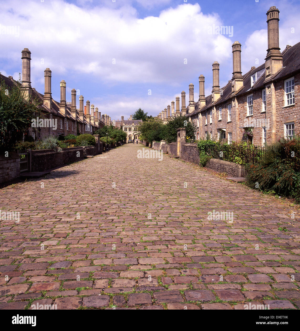 Pflastersteine in enger Vikare in Richtung Dom, Kapelle und libray.city von Wells, Somerset, England. Stockfoto