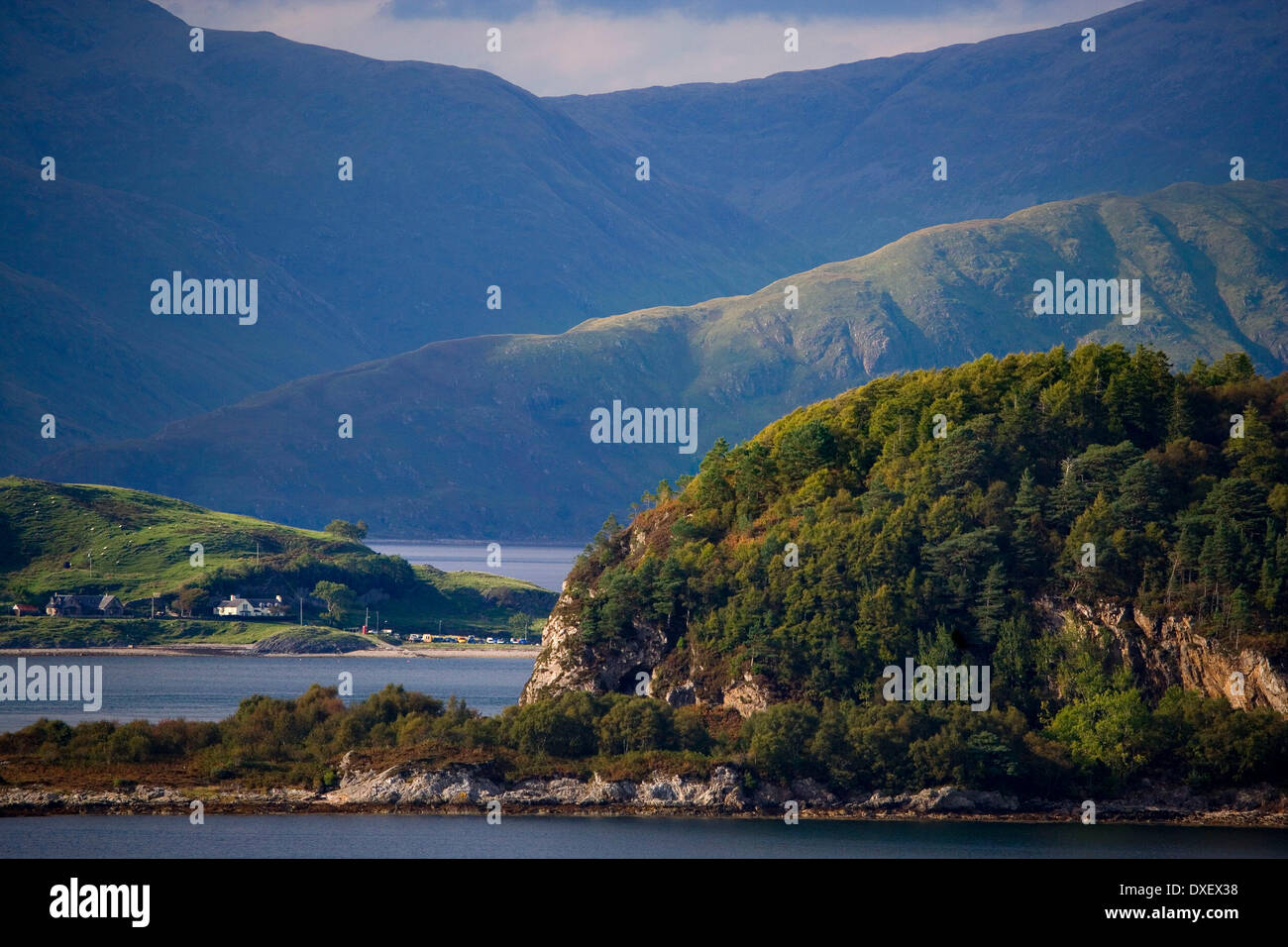 Tele-Blick in Richtung Port Appin, Lismore und Morvern Hügel, Argyll Stockfoto