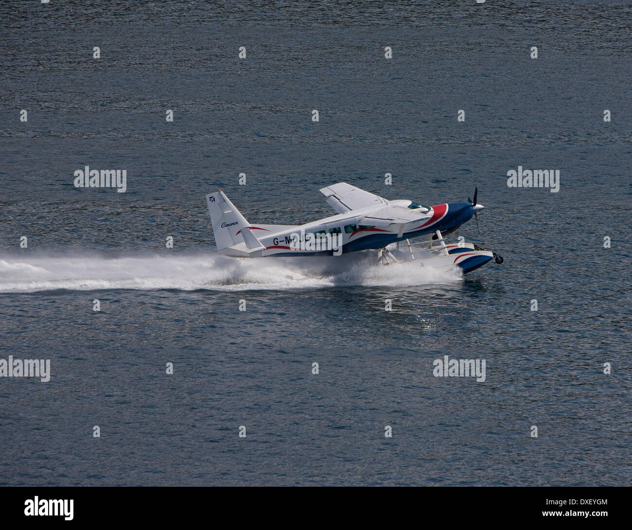 Wasserflugzeug beginnt es des Startlaufs, Bucht Oban, Argyll Stockfoto