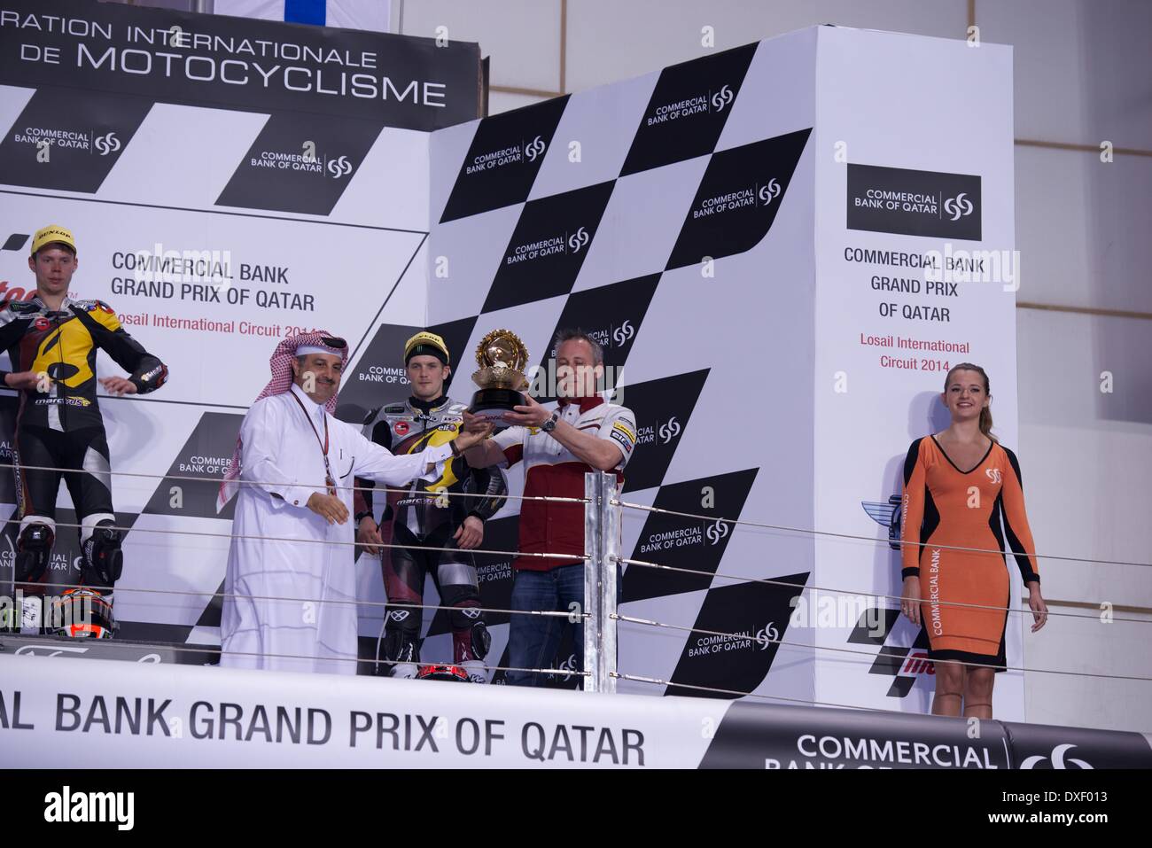 Losail International Circuit, Lusail, Katar. 23. März 2014. Moto2-Podium-Preisverleihung an preisgekrönten Konstruktor Marc VDS Racing Team Credit: Tom Morgan/Alamy Live News Stockfoto