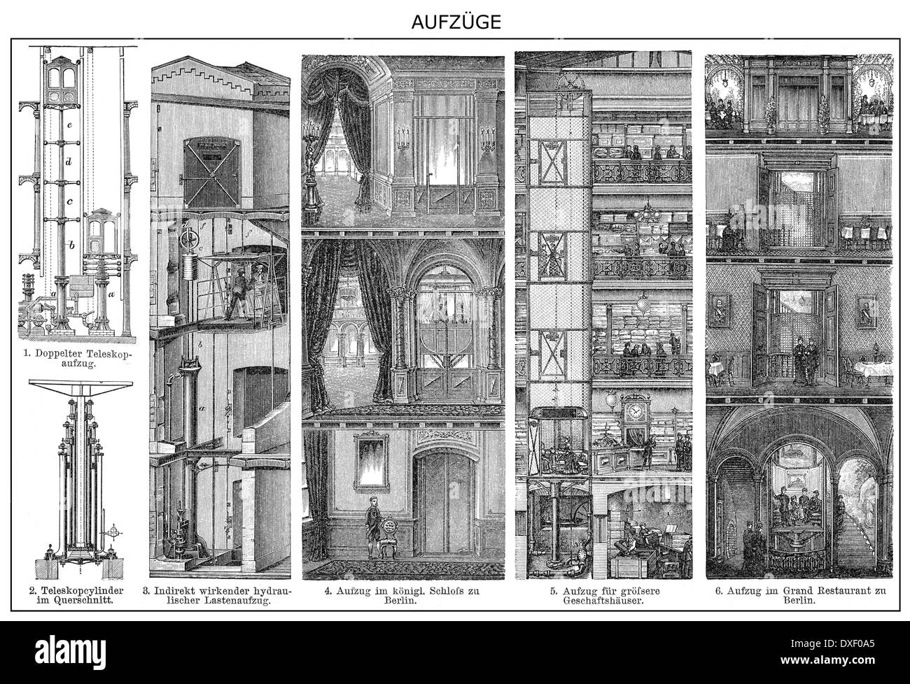 Historische Abbildung, Aufzug Konstruktionen, 19. Jahrhundert Stockfoto