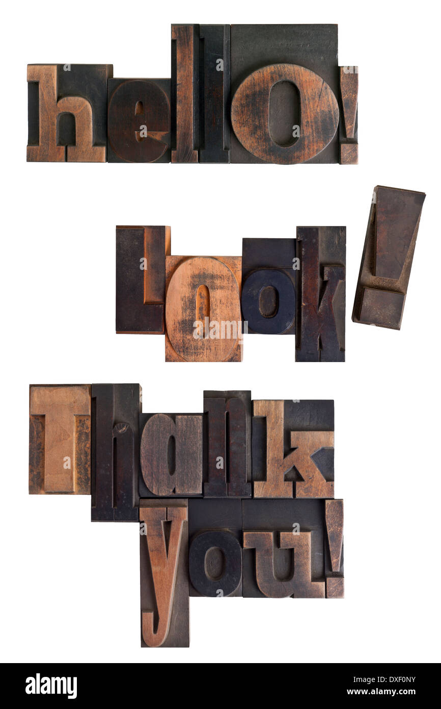 Phrasen-Hallo! , suchen! , Vielen Dank! in Vintage Buchdruck Art geschrieben, zerkratzt und gebeizt, isoliert auf weißem Hintergrund Stockfoto