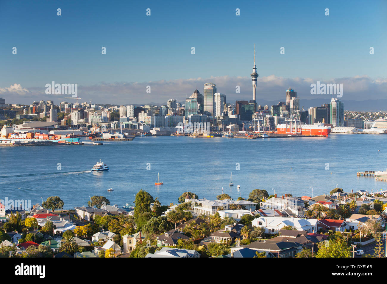 Ansicht von Devonport und Auckland Skyline, Auckland, Nordinsel, Neuseeland Stockfoto
