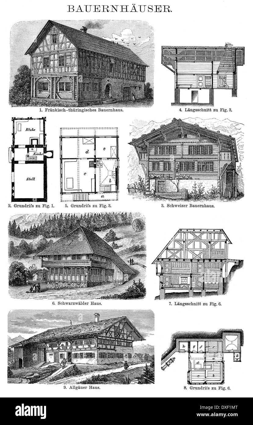 Historische Abbildung, 19. Jahrhundert, deutsche Bauernhäuser Stockfoto