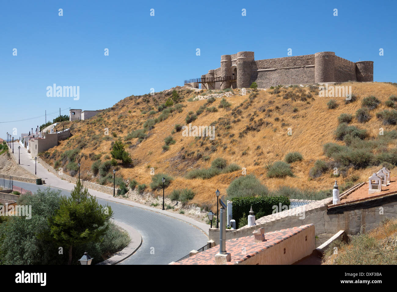 Die mittelalterliche Burg von Chinchilla de Monte Argon in der Region La Mancha in Zentralspanien. Stockfoto