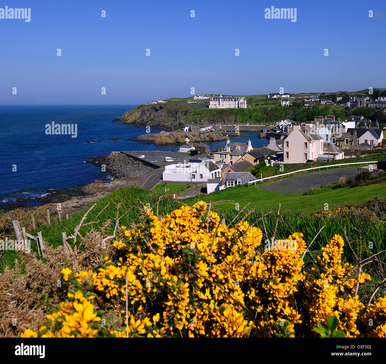 Frühling Ansicht superstolz auf Portpatrick Stadt und Hafen, Wigtownshire, Dumfries und Galloway. Süd-west-Schottland Stockfoto