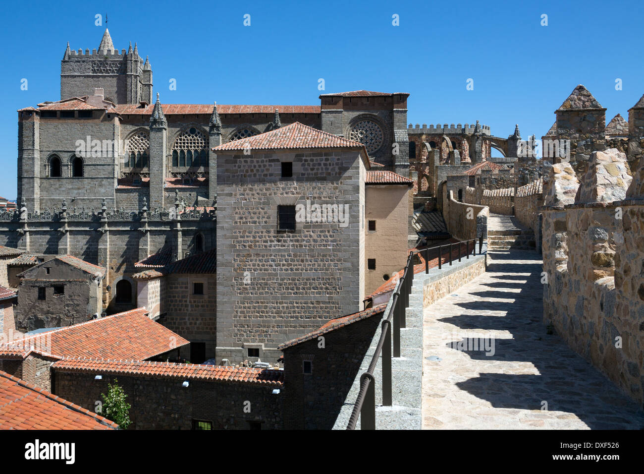Die mittelalterlichen Zinnen und die Kathedrale der ummauerten Stadt Avila in der Region Castilla y Leon in Zentralspanien. Stockfoto