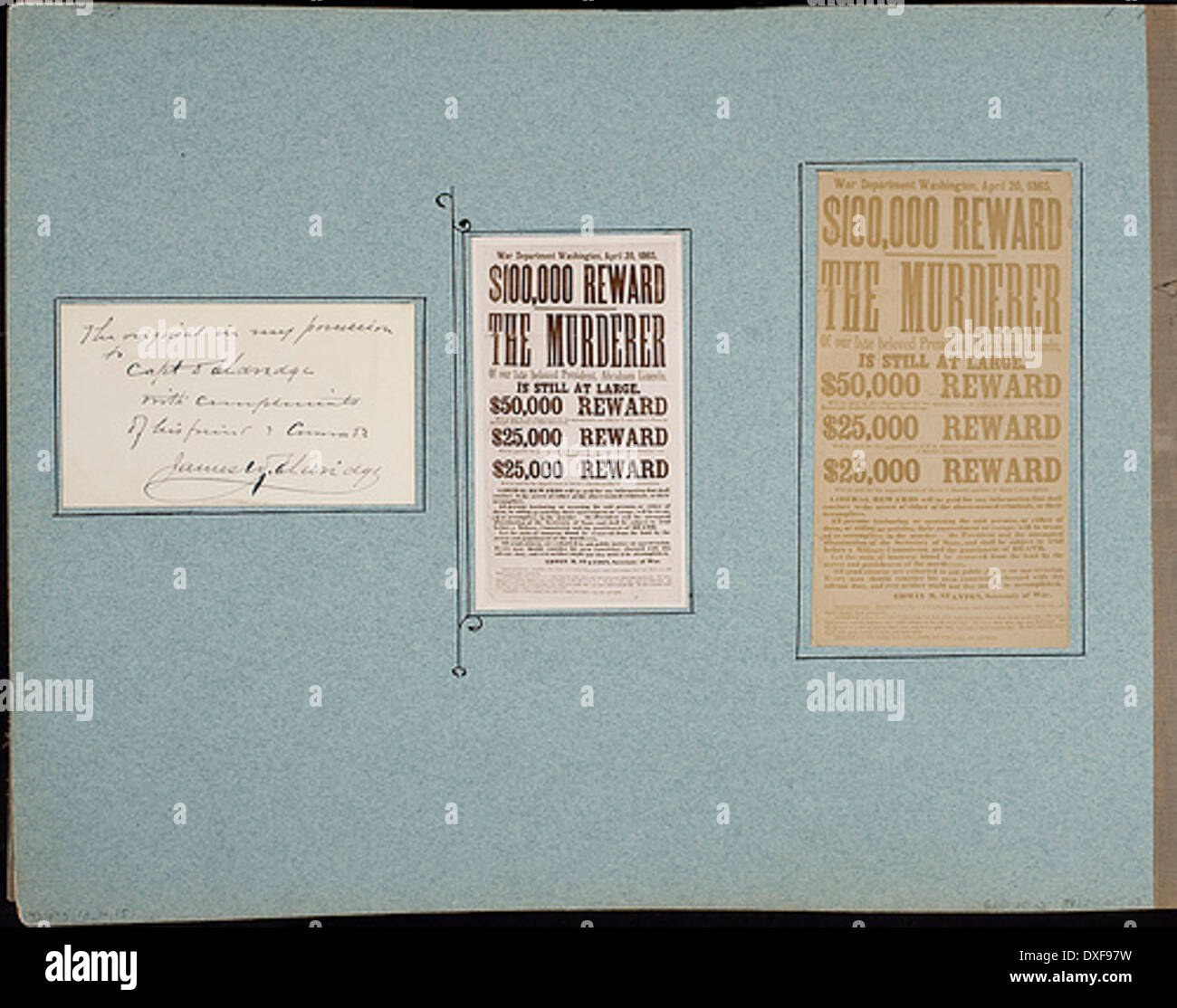 Kopie der handschriftliche Notiz von James W. Eldridge Copy gedruckten Belohnung Plakat $100.000 Belohnung Stockfoto