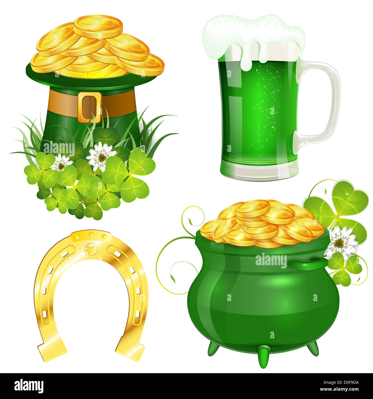 St. Patrick Tag-Symbole mit Hut, Goldmünzen, Kleeblatt, Topf, Hufeisen und Glas Bier, isoliert auf weißem Hintergrund Stockfoto