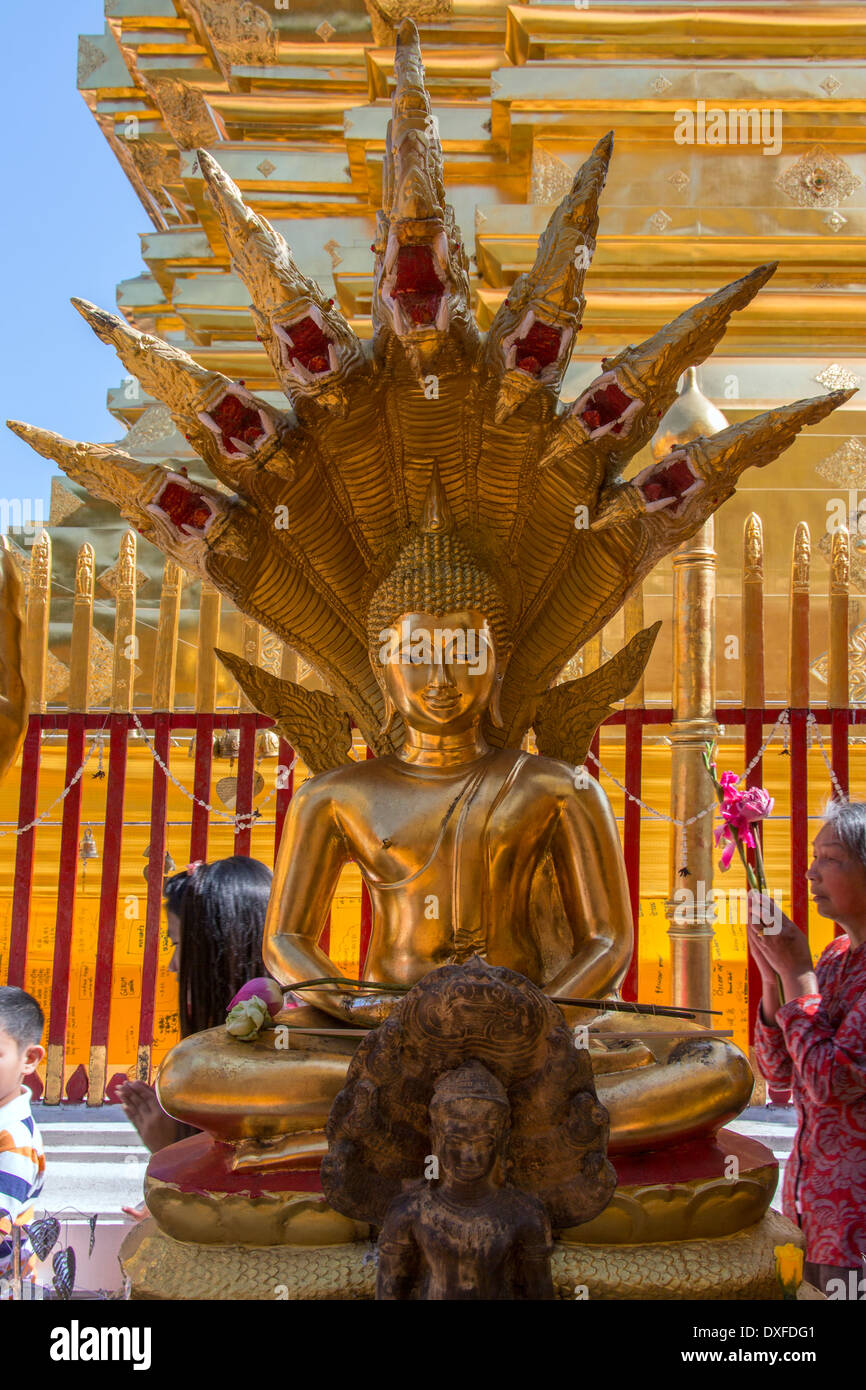 Mucalinda Naga schützt Gautama Buddha in einem kleinen Schrein in Doi Suthep buddhistischen Tempel in der Nähe von Chiang Mai im Norden Thailands Stockfoto