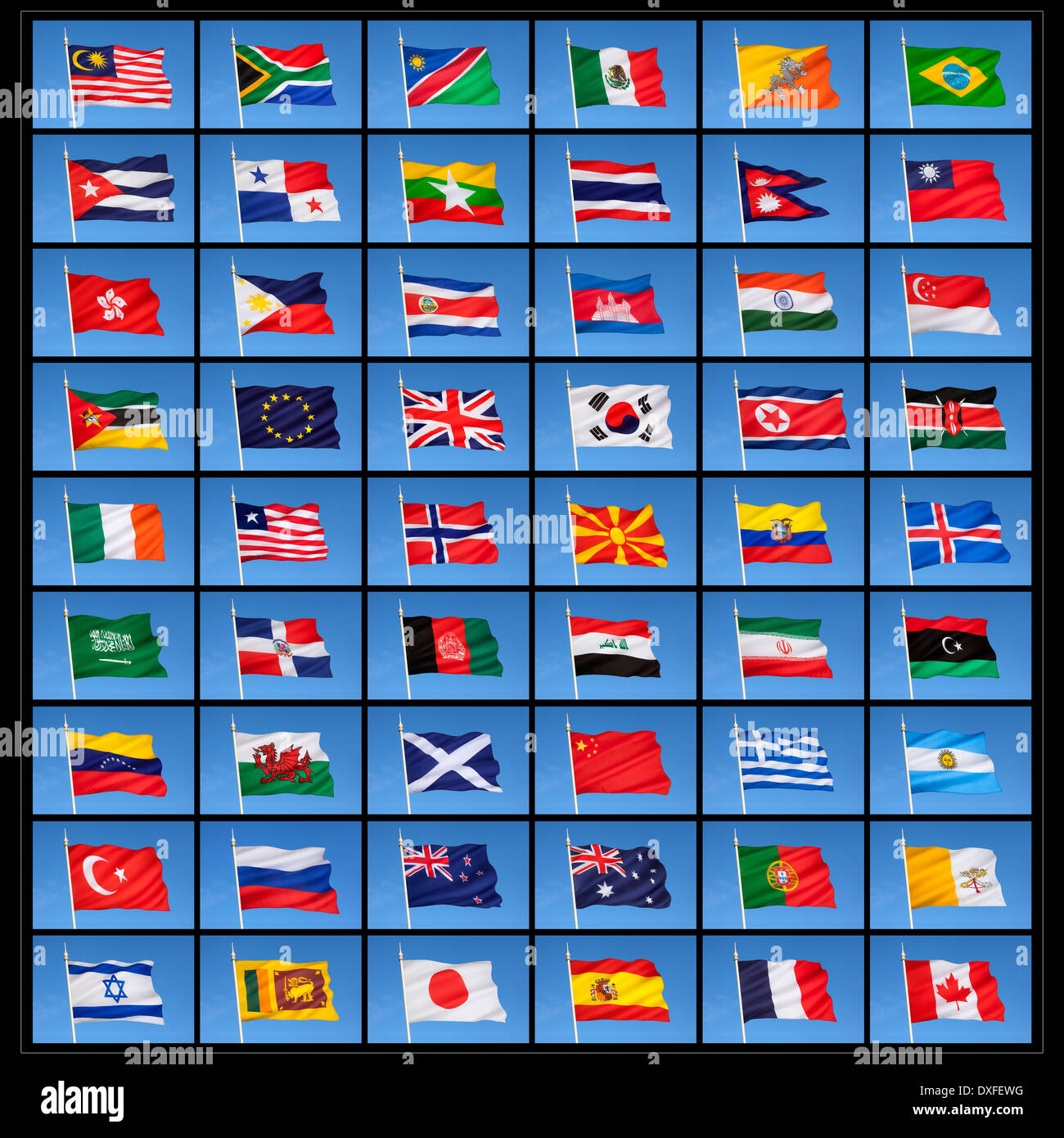 Eine Auflistung der nationalen Flaggen von Ländern auf der ganzen Welt. Stockfoto