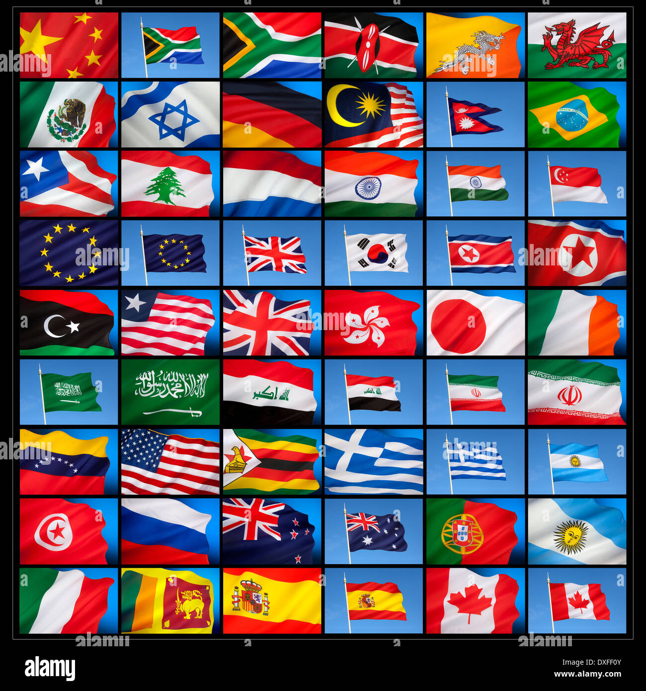 Eine Auflistung der nationalen Flaggen von Ländern auf der ganzen Welt. Stockfoto