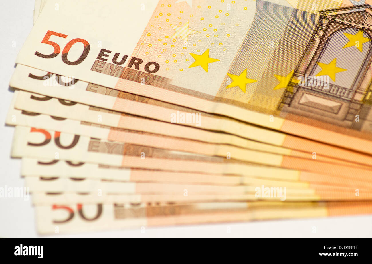 50 Euro-Banknoten, die einander gelegt Stockfoto