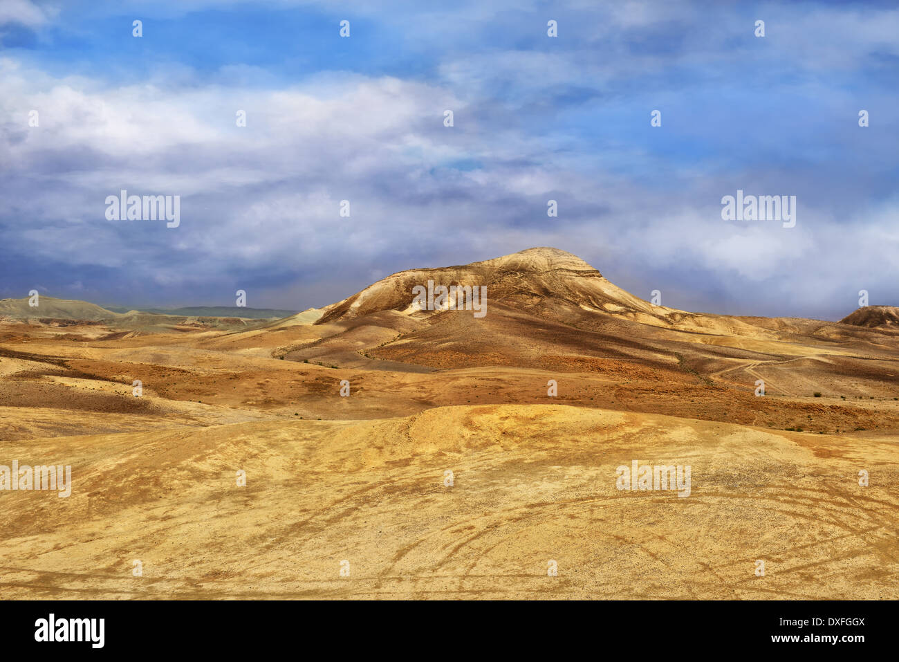 Landschaft in der Judäischen Wüste. Eine schöne Kombination aus blauem Himmel und leuchtend gelben Hügeln. Stockfoto