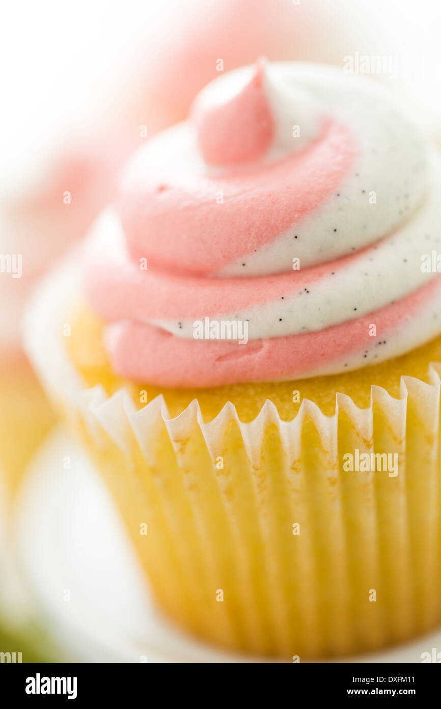 Vanille Cupcakes mit Erdbeer-Sahne gekrönt. Stockfoto