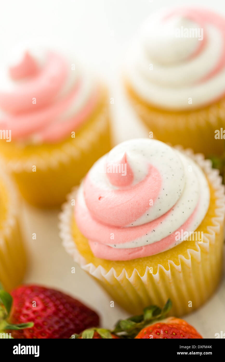 Vanille Cupcakes mit Erdbeer-Sahne gekrönt. Stockfoto