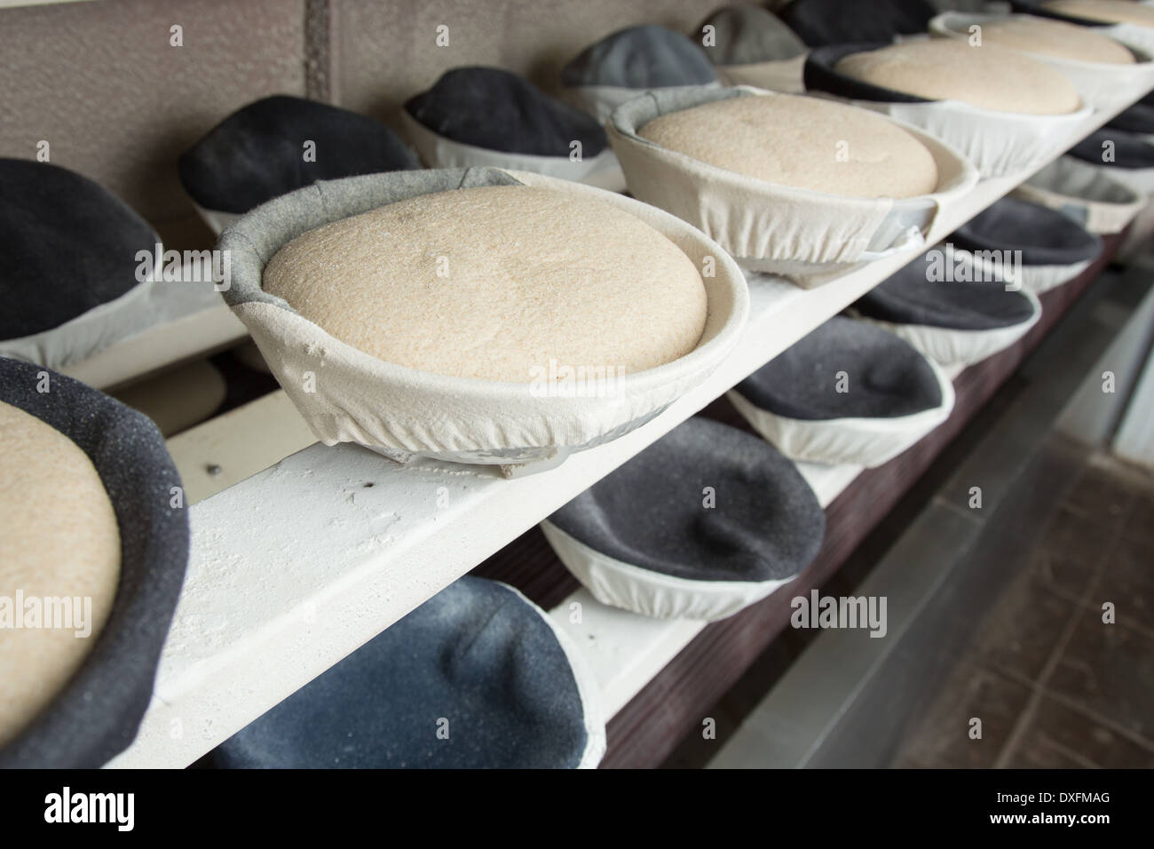 Formen zum Brotbacken von gefüllt mit frischem Teig Stockfoto