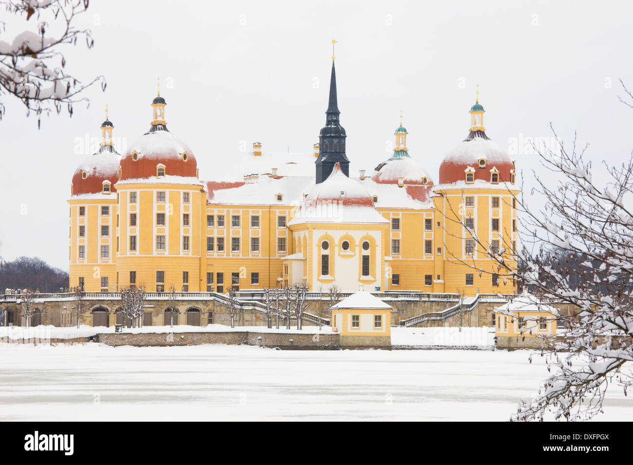 Schloss Moritzburg in Winter, in der Nähe von Dresden, Sachsen, Deutschland Stockfoto