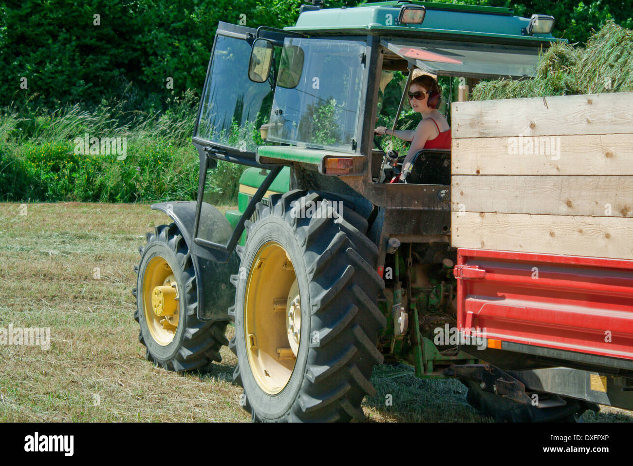 Teengirl fährt einen Traktor ziehen eines Anhängers durch eine Heu-Feld Stockfoto