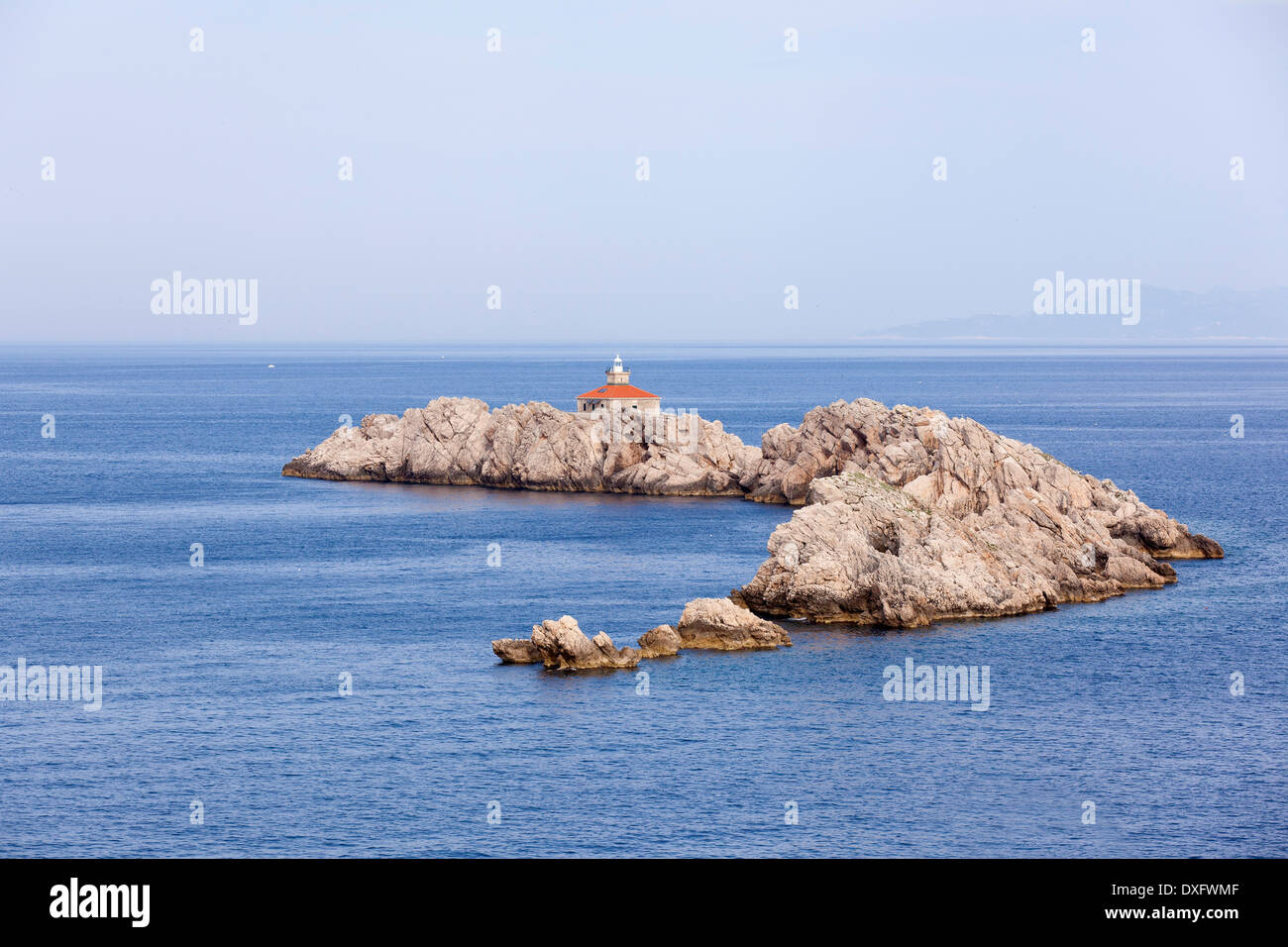 GREBENI Insel mit Leuchtturm, Dubrovnik, Adria, Kroatien Stockfoto
