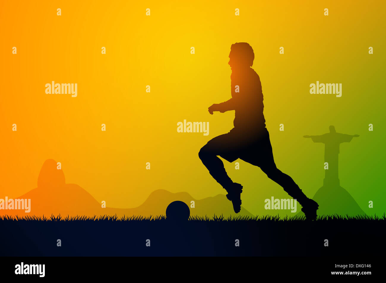 Silhouette-Fußball-Spieler, die Zeit des Sonnenuntergangs Stockfoto